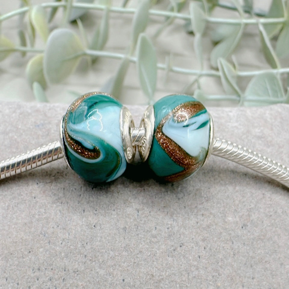 Pair Muranos Splash Tuquoise &amp; Gold Irregular